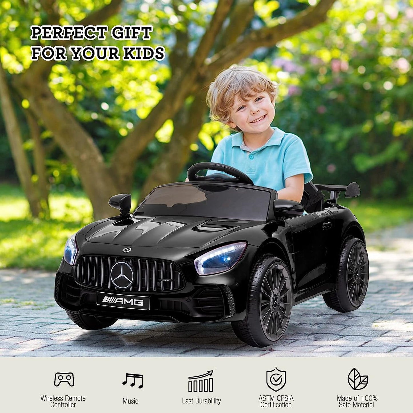 Track 7 Ride on Car with Remote Control, Licensed Benz Electric Car for Kids, 12V Electric Vehicles with AUX/FM/USB, LED Lights, Black