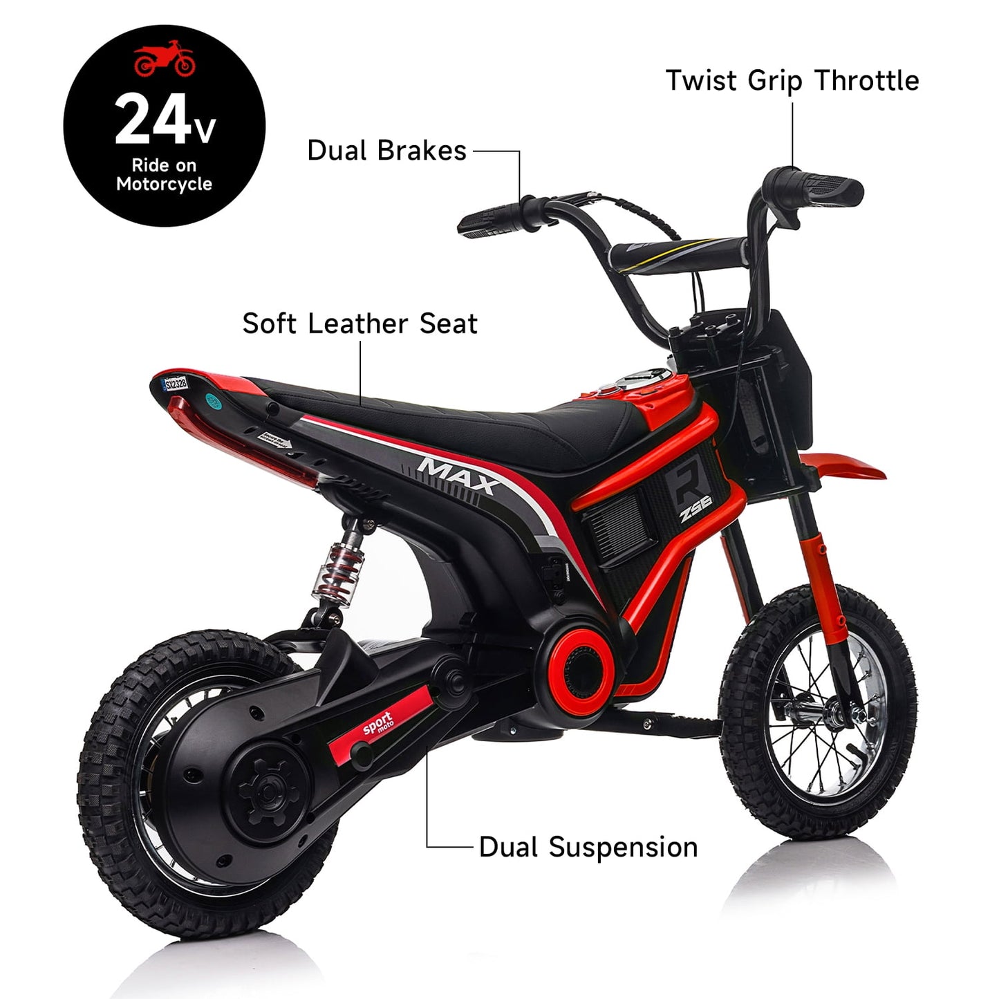 Track 7 24V Electric Dirt Bike, 350W Ride on Motorcycle with Twist Grip Throttle, Hand-Operated Dual Brakes, Leather Seat, Speed Up to 14.29 MPH, for Age 8-12, Red