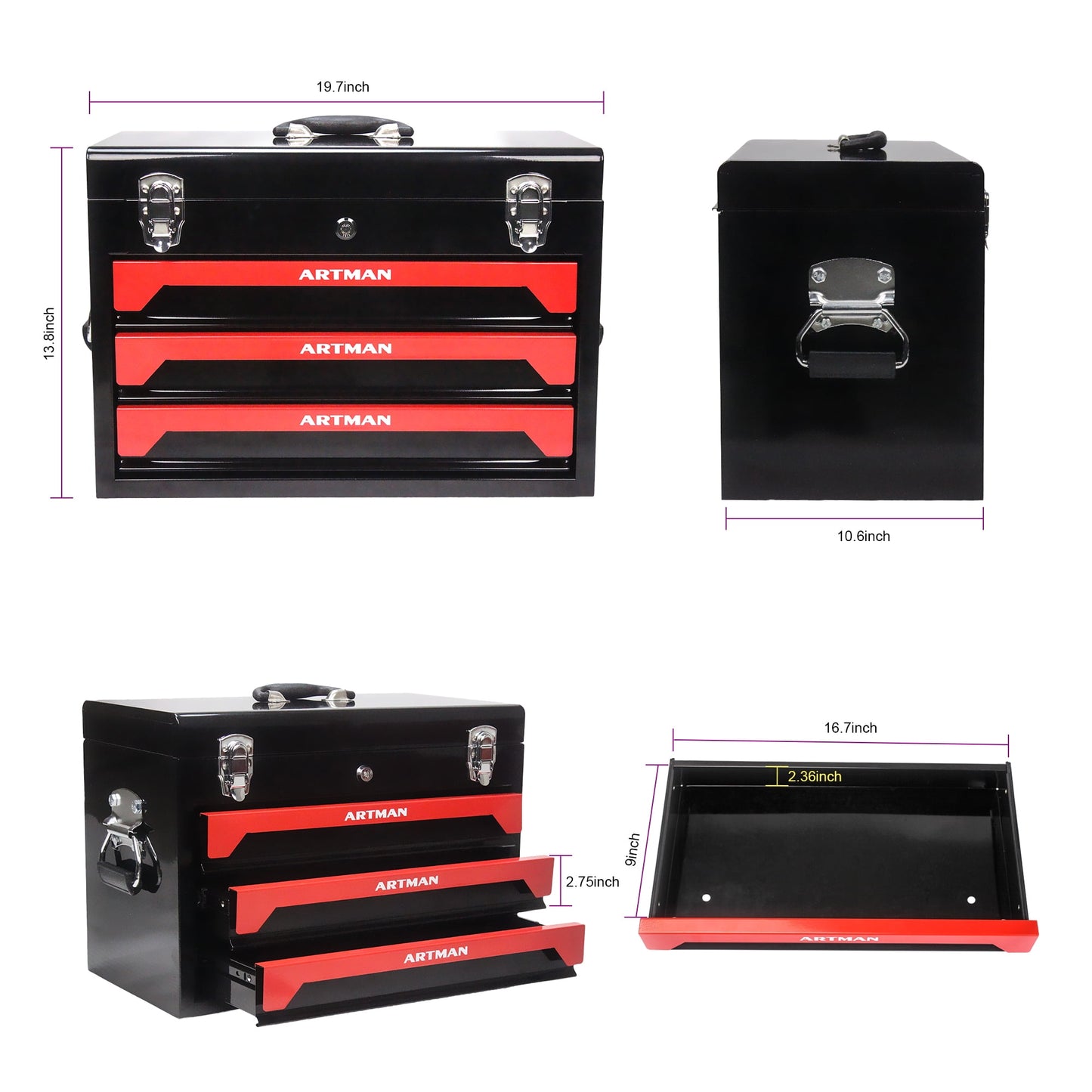 COOKCOK 3 Drawers Multifunctional Tool Box, with key locking, 19.69"L x 10.63"W x 13.86"H, Black & Red