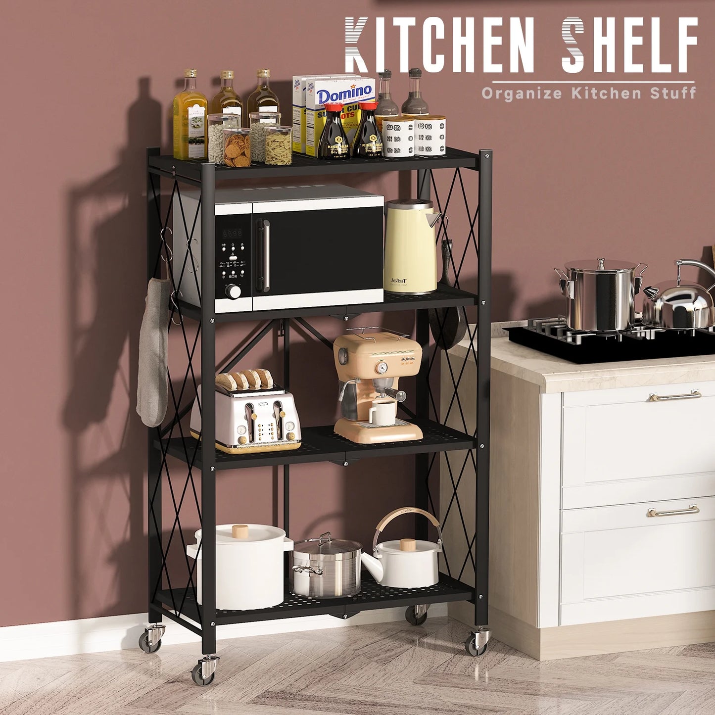 COOKCOK 4-Tier Storage Shelving Unit, Metal Shelf, Foldable Storage Shelf with Wheels, 27.9"x13.4"x49.72" Garage Shelf, Metal Storage Rack, Kitchen Shelf with 4 Hooks, No Assemble Require