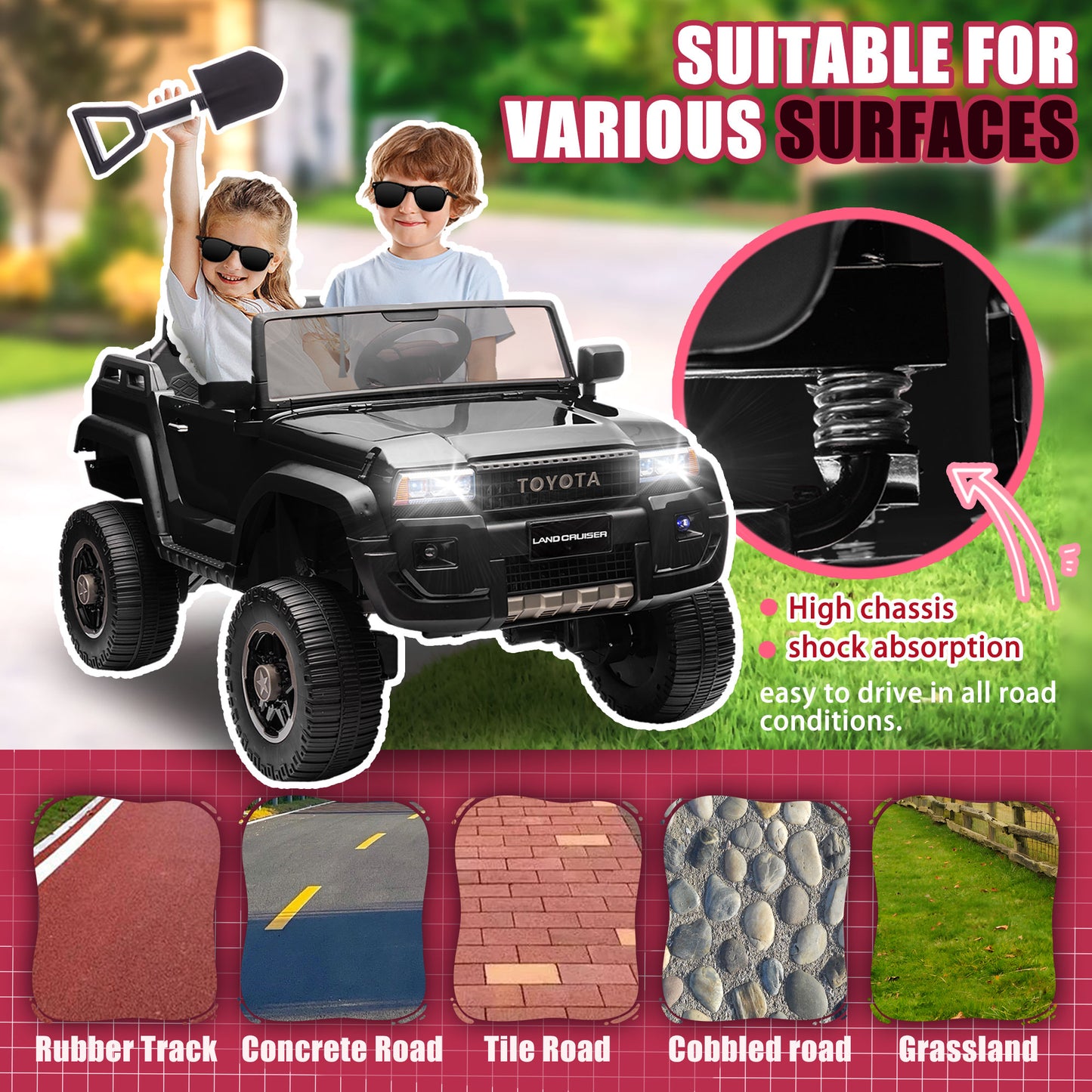 Track 7 24V Ride on Car, Licensed Toyota LC 250 Electric Car for Boys Girls, Ride on Truck with Music, Bluetooth, Storage Space, Remote Control, Electric Pickup Vehicle, White