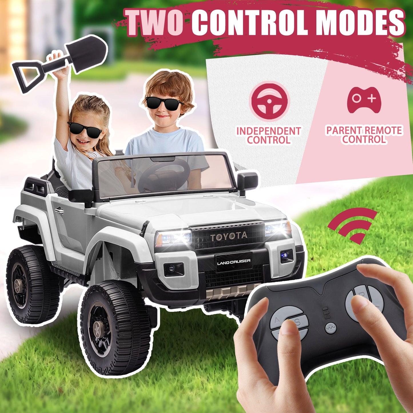 Track 7 24V Ride on Car, Licensed Toyota LC 250 Electric Car for Boys Girls, Ride on Truck with Music, Bluetooth, Storage Space, Remote Control, Electric Pickup Vehicle, White