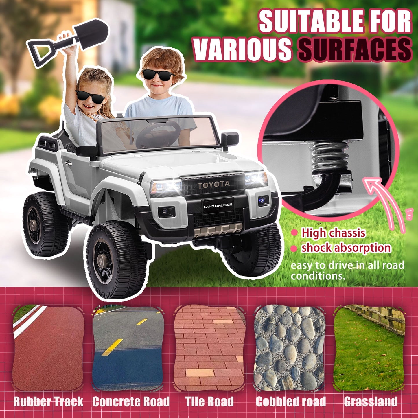 Track 7 24V Ride on Car, Licensed Toyota LC 250 Electric Car for Boys Girls, Ride on Truck with Music, Bluetooth, Storage Space, Remote Control, Electric Pickup Vehicle, White