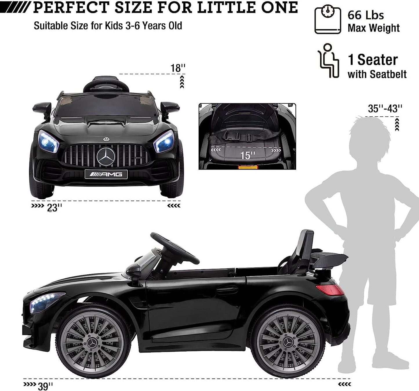 Track 7 Ride on Car with Remote Control, Licensed Benz Electric Car for Kids, 12V Electric Vehicles with AUX/FM/USB, LED Lights, Black