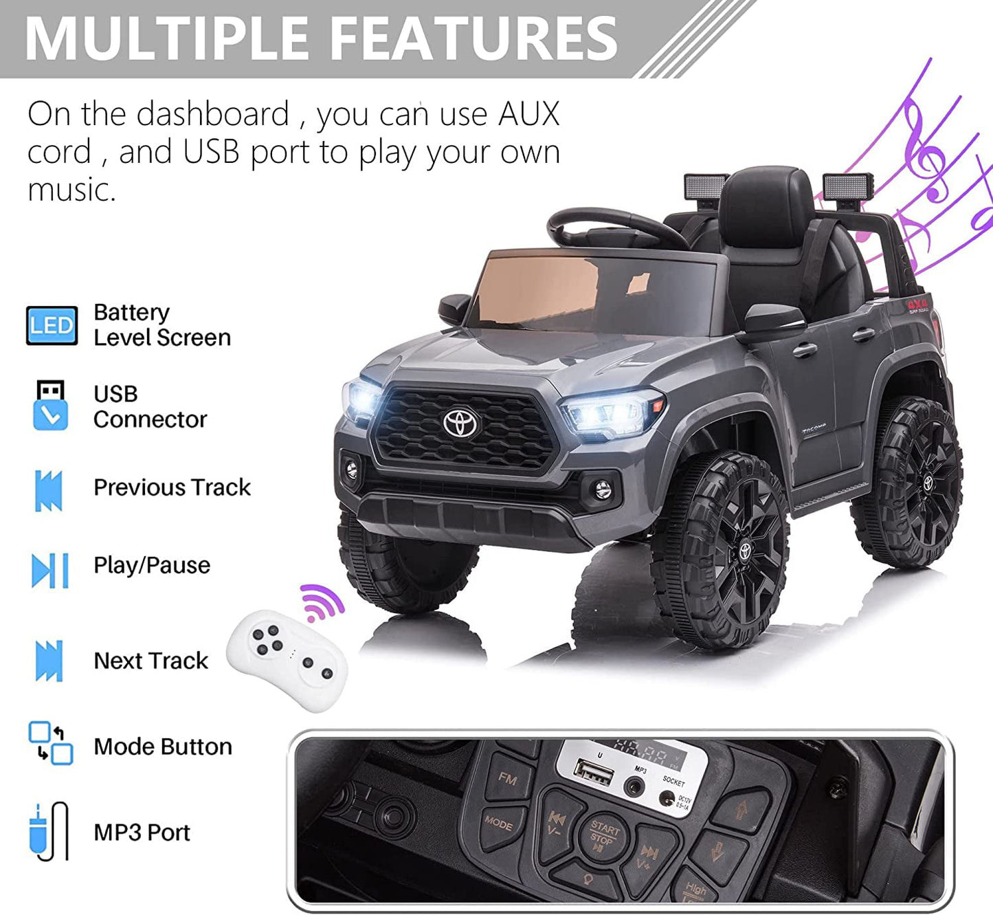 Track 7 Ride on Car with Remote Control, 12V Toyota Tacoma Electric Car for Boys Girls Age 3+, AUX/FM/USB, Storage Truck, Grey