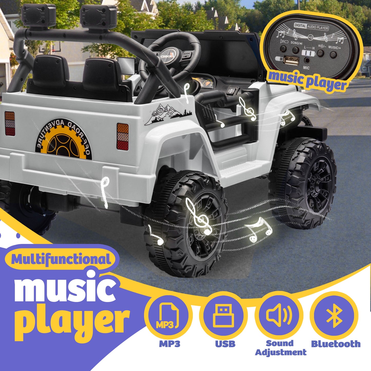 Track 7 Kids Ride on Truck, 12V Ride on Car with Remote Control, Kids Electric Car, Bluetooth, LED Lights, MP3, White