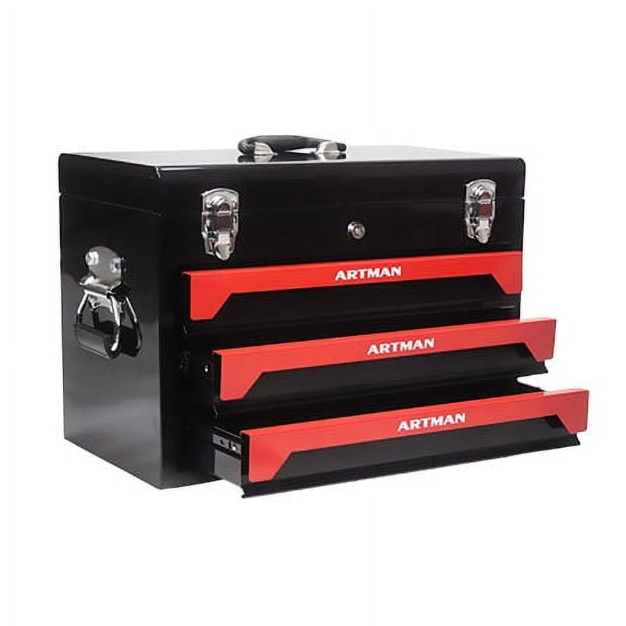 COOKCOK 3 Drawers Multifunctional Tool Box, with key locking, 19.69"L x 10.63"W x 13.86"H, Black & Red