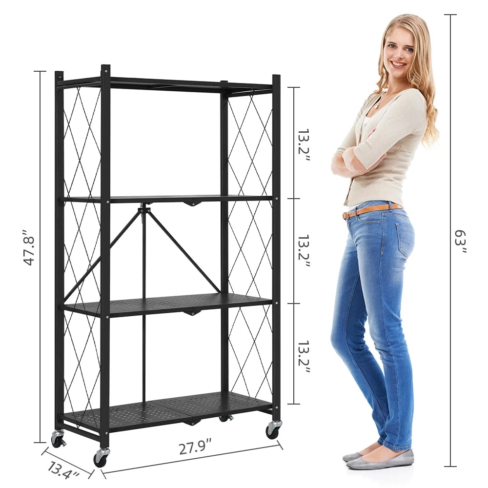 COOKCOK 4-Tier Storage Shelving Unit, Metal Shelf, Foldable Storage Shelf with Wheels, 27.9"x13.4"x49.72" Garage Shelf, Metal Storage Rack, Kitchen Shelf with 4 Hooks, No Assemble Require