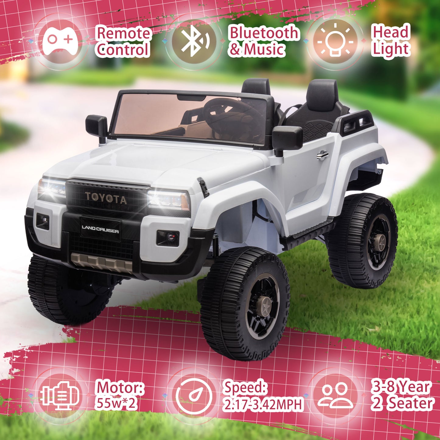 Track 7 24V Ride on Car, Licensed Toyota LC 250 Electric Car for Boys Girls, Ride on Truck with Music, Bluetooth, Storage Space, Remote Control, Electric Pickup Vehicle, White