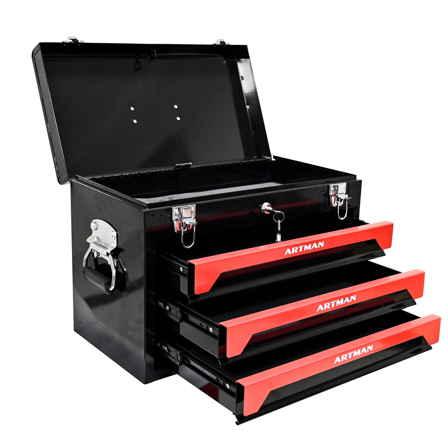 COOKCOK 3 Drawers Multifunctional Tool Box, with key locking, 19.69"L x 10.63"W x 13.86"H, Black & Red