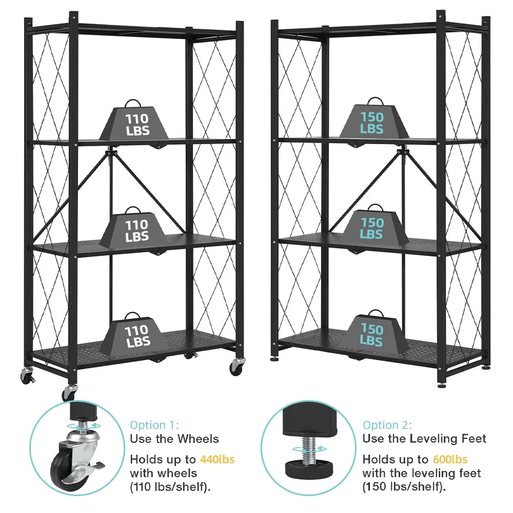 COOKCOK 4-Tier Storage Shelving Unit, Metal Shelf, Foldable Storage Shelf with Wheels, 27.9"x13.4"x49.72" Garage Shelf, Metal Storage Rack, Kitchen Shelf with 4 Hooks, No Assemble Require