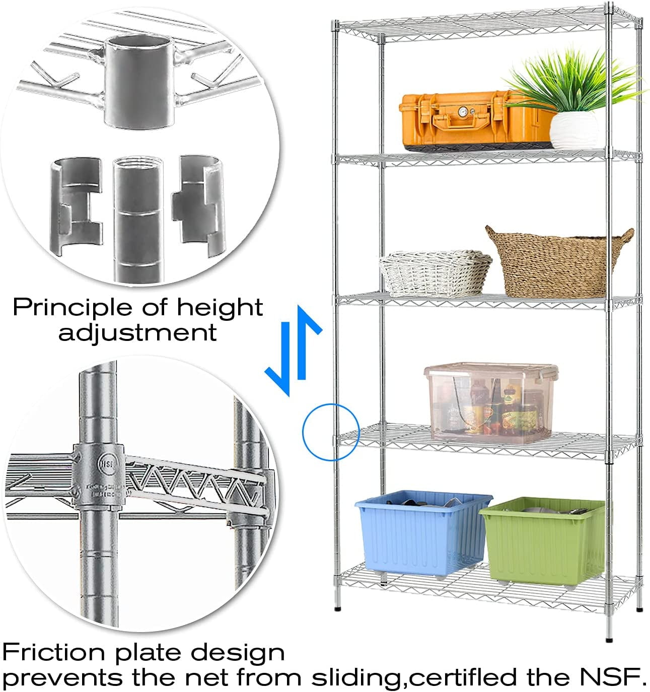 COOKCOK 5 Tire Wire Shelving Unit, 35.4" x 13.8"x 71" Heavy Duty Storage Shelving Unit, Height Adjustable Rolling Metal Shelf for Restaurant Garage Pantry Kitchen, 550lbs Capcity, Silver