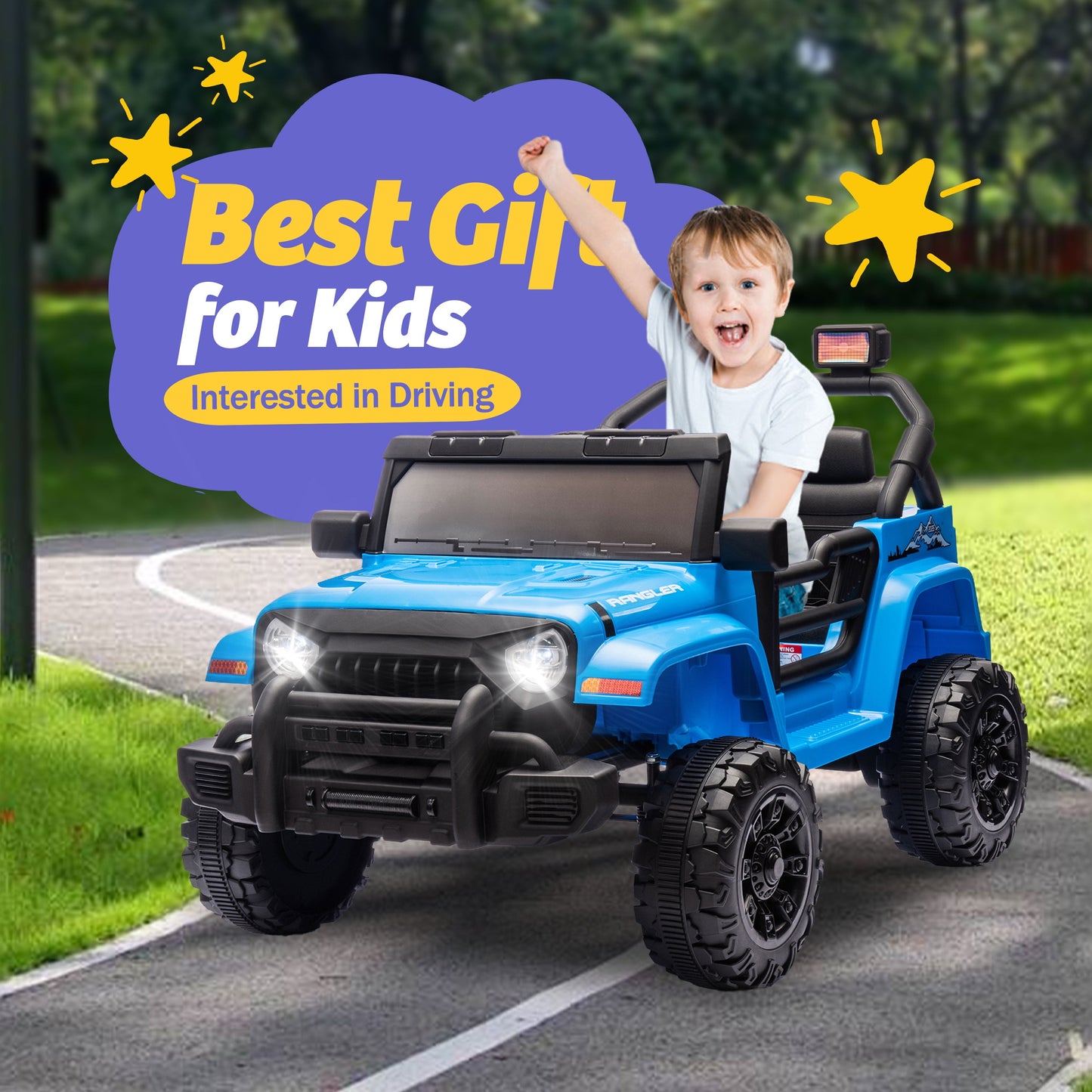 Track 7 Kids Ride on Truck, 12V Ride on Car with Remote Control, Kids Electric Car, Bluetooth, LED Lights, MP3, White