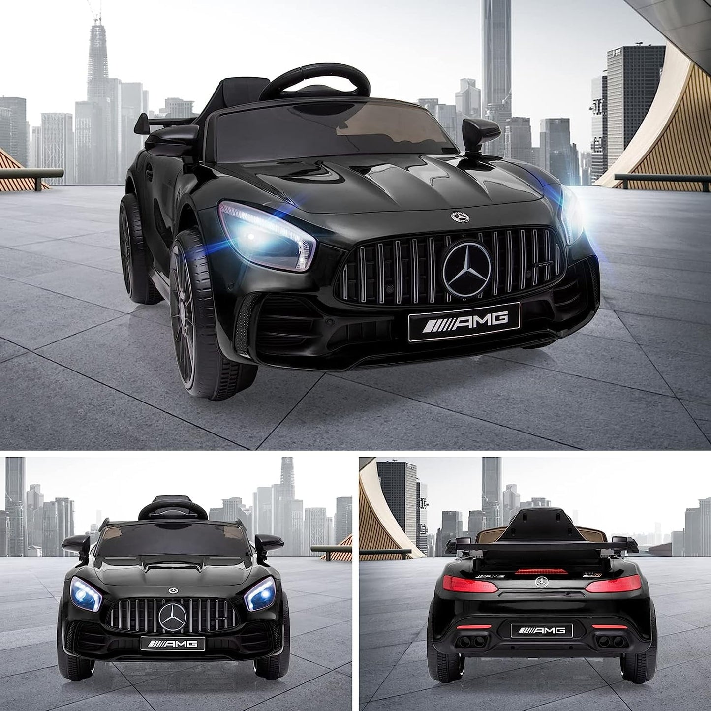 Track 7 Ride on Car with Remote Control, Licensed Benz Electric Car for Kids, 12V Electric Vehicles with AUX/FM/USB, LED Lights, Black