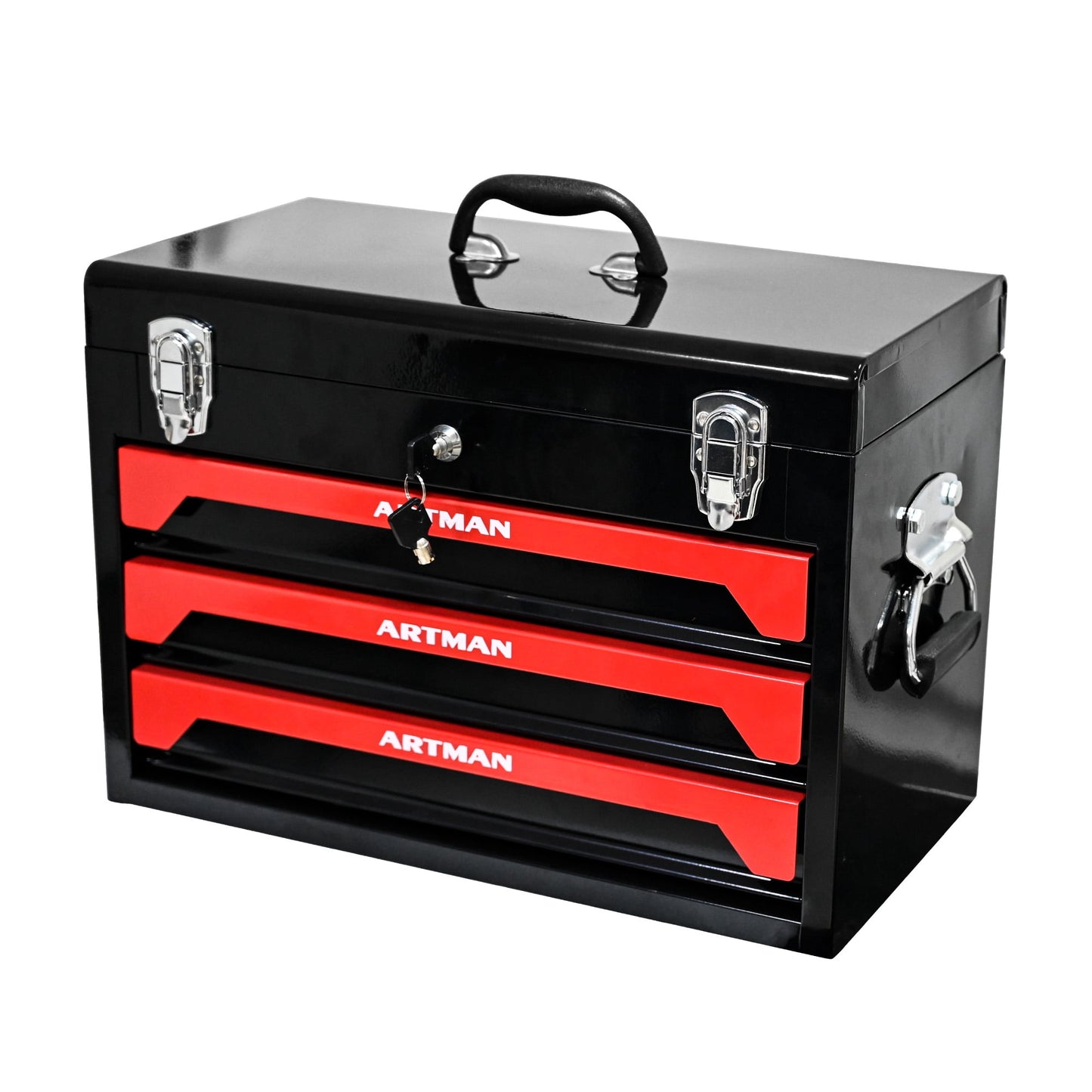 COOKCOK 3 Drawers Multifunctional Tool Box, with key locking, 19.69"L x 10.63"W x 13.86"H, Black & Red