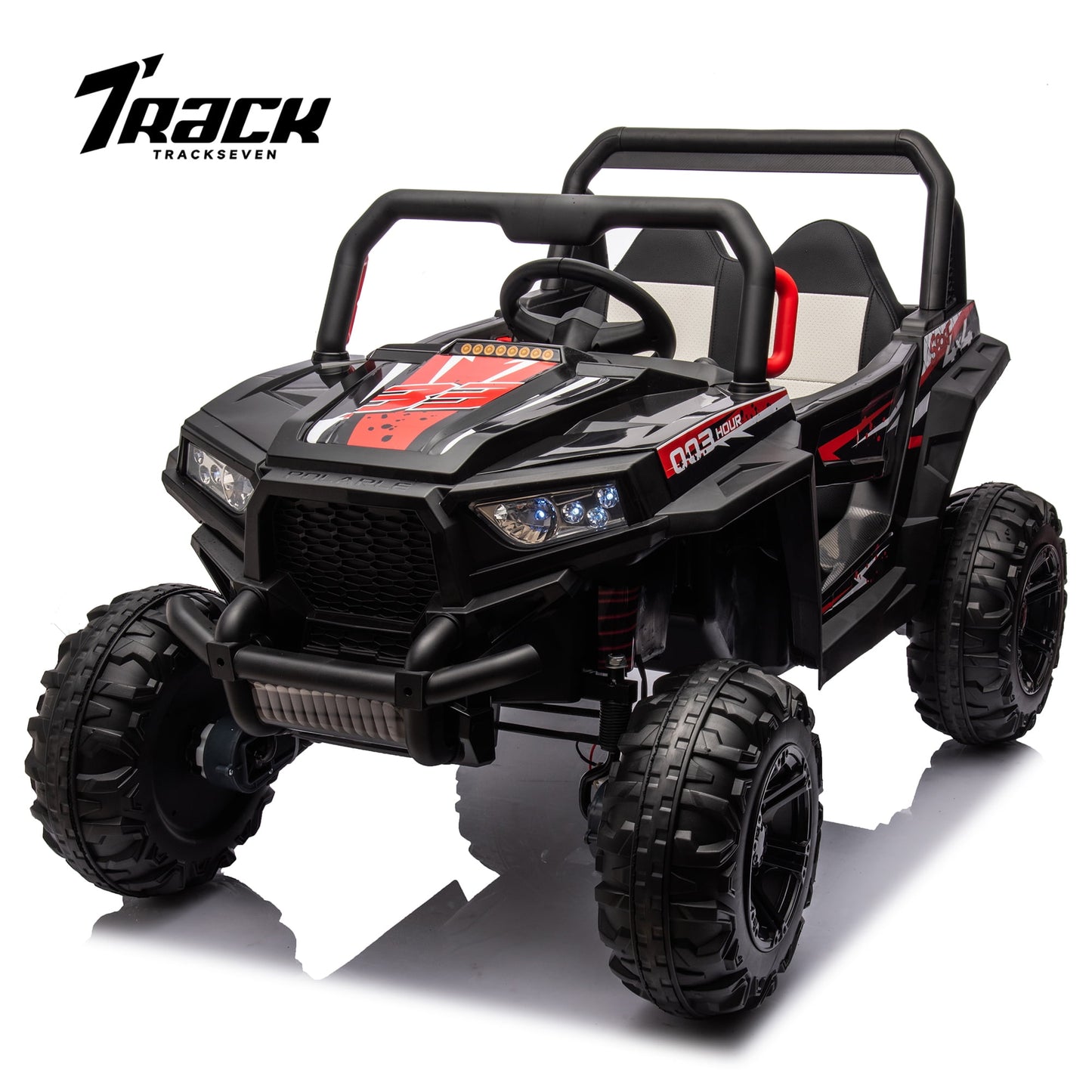 Track 7 Kids Ride on UTV, 12 V 2- Seater Ride on Car with Remote Control, Music, Spring Suspension, Leather Seat, Off-Road UTV for Kids Age 3+, Red