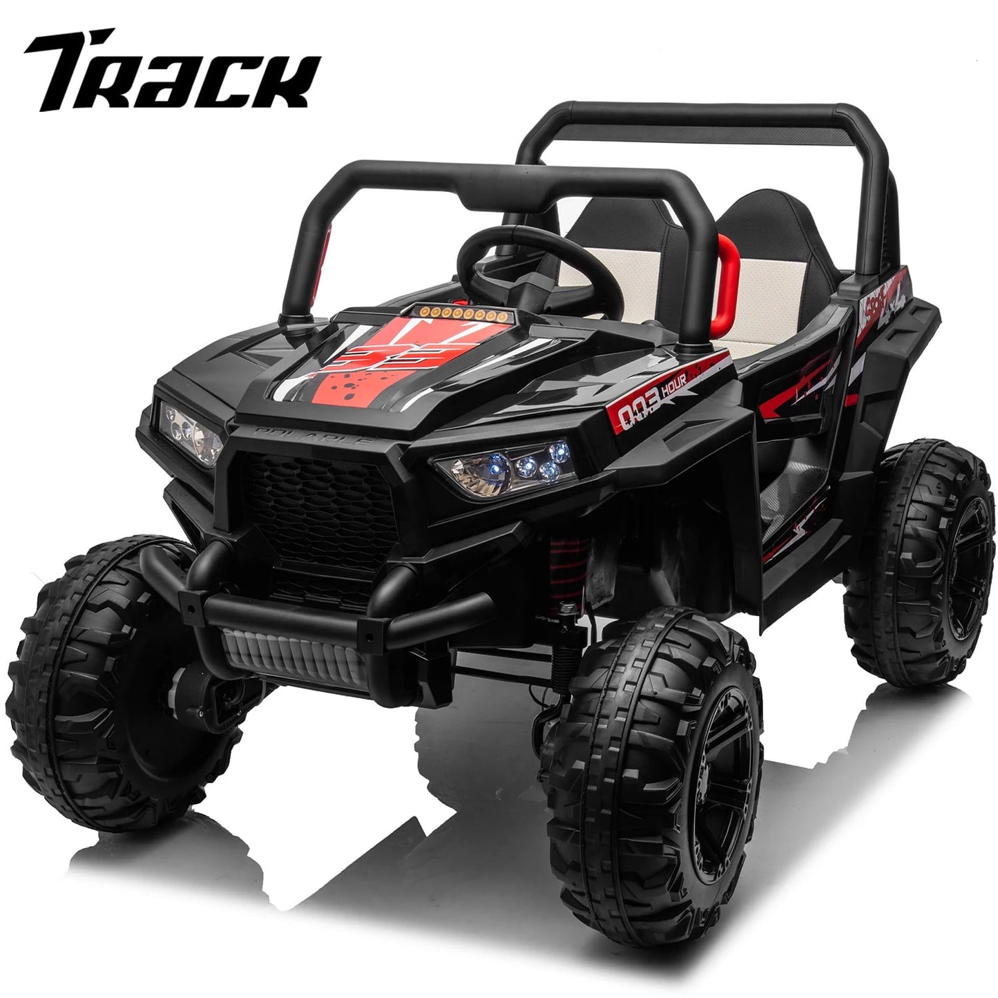 Track 7 Kids Ride on UTV, 12 V 2- Seater Ride on Car with Remote Control, Music, Spring Suspension, Leather Seat, Off-Road UTV for Kids Age 3+, Black