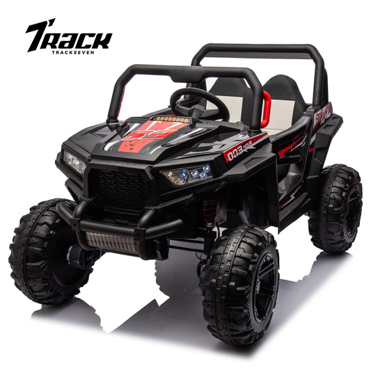 Track 7 Kids Ride on UTV, 12 V 2- Seater Ride on Car with Remote Control, Music, Spring Suspension, Leather Seat, Off-Road UTV for Kids Age 3+, Black