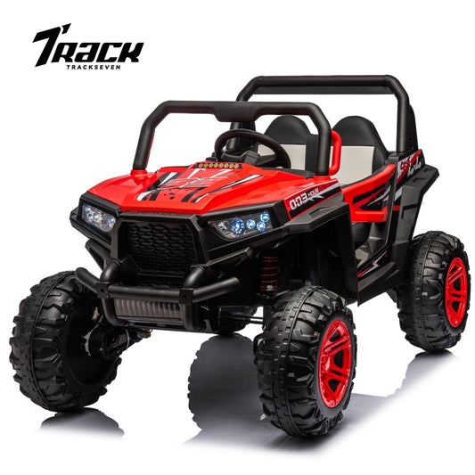 Track 7 Kids Ride on UTV, 12 V 2- Seater Ride on Car with Remote Control, Music, Spring Suspension, Leather Seat, Off-Road UTV for Kids Age 3+, Red