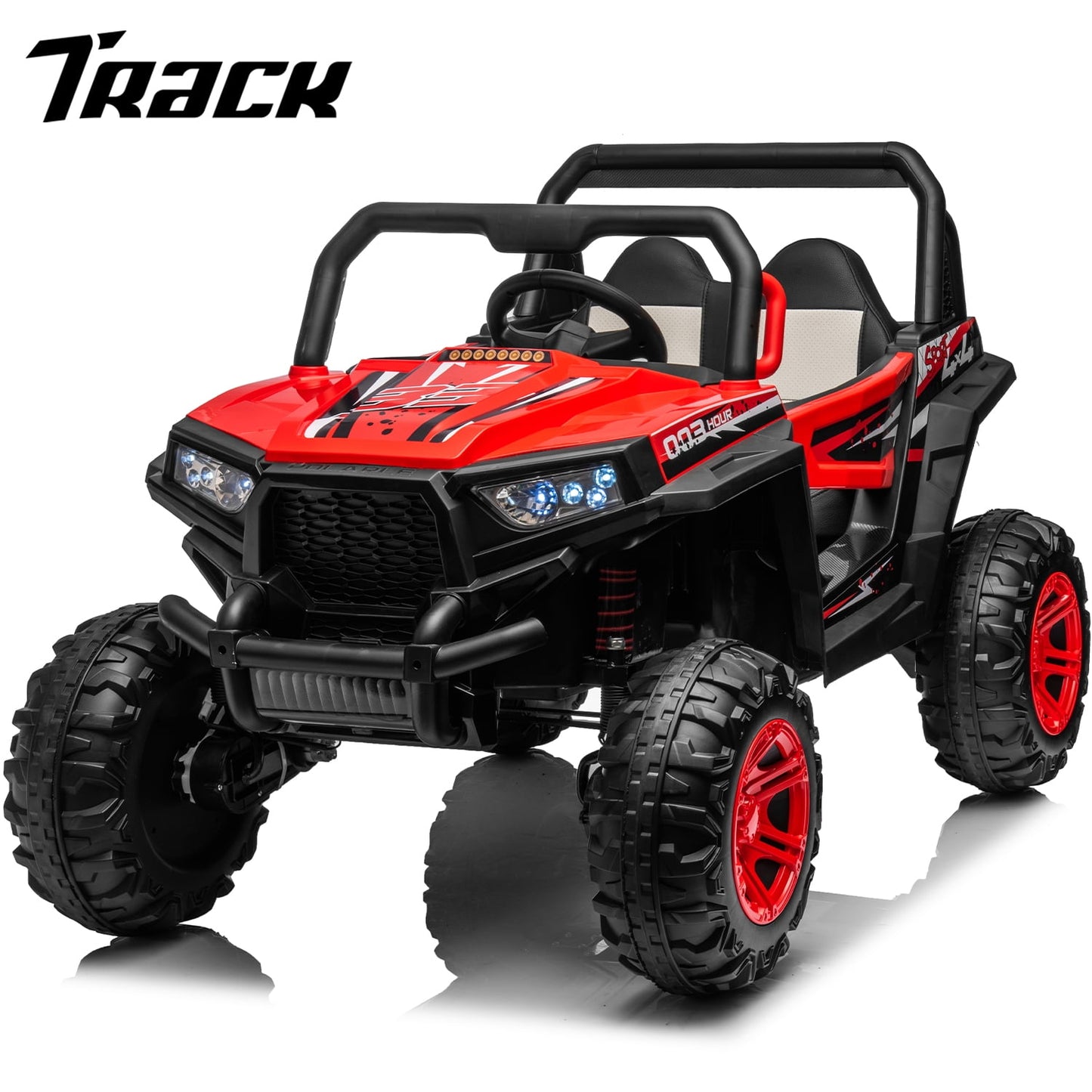 Track 7 Kids Ride on UTV, 12 V 2- Seater Ride on Car with Remote Control, Music, Spring Suspension, Leather Seat, Off-Road UTV for Kids Age 3+, Black