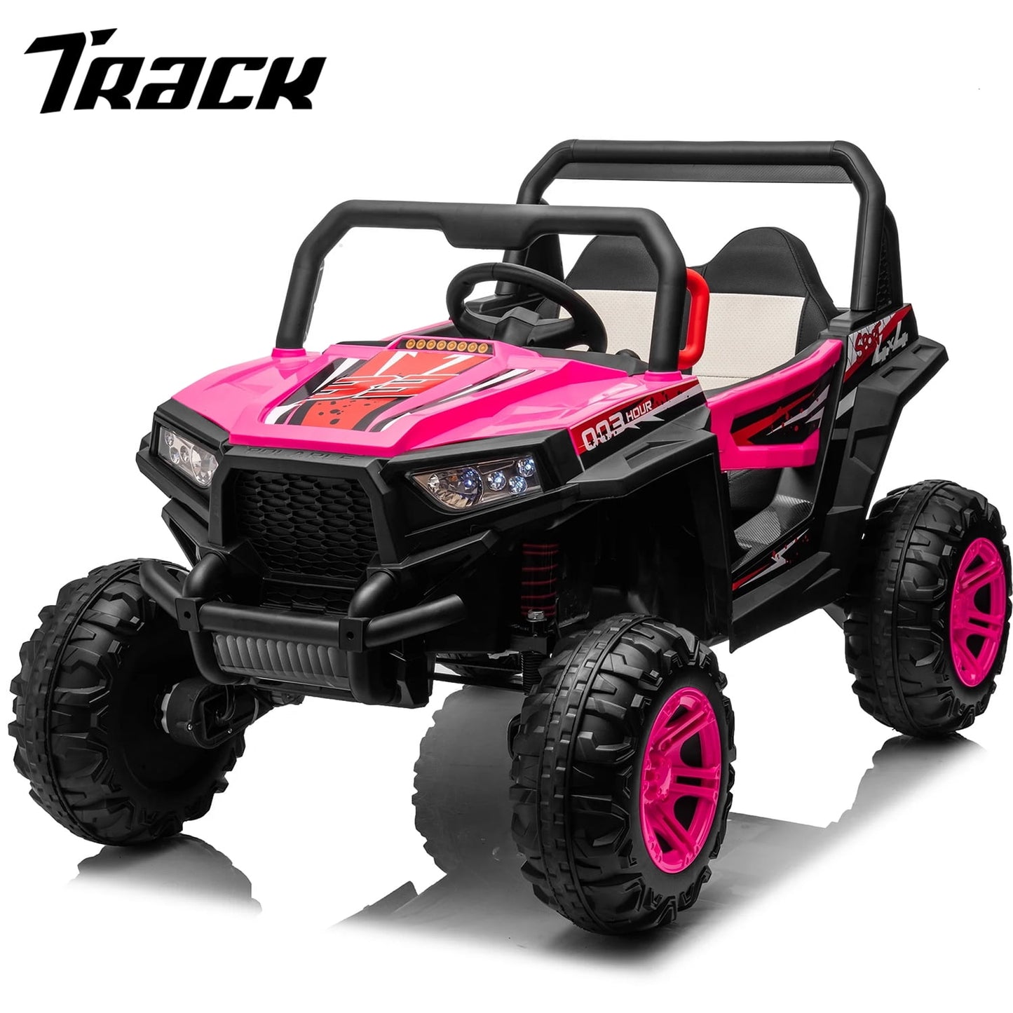 Track 7 Kids Ride on UTV, 12 V 2- Seater Ride on Car with Remote Control, Music, Spring Suspension, Leather Seat, Off-Road UTV for Kids Age 3+, Black