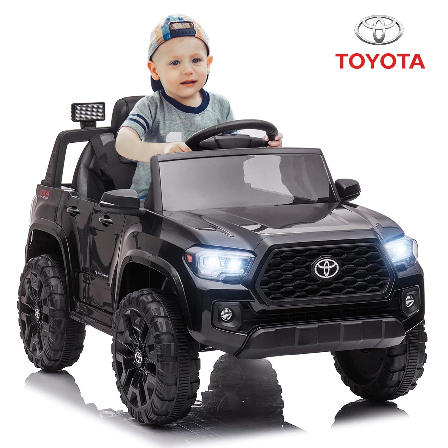 Track 7 Ride on Car with Remote Control, 12V Toyota Tacoma Electric Car for Boys Girls Age 3+, AUX/FM/USB, Storage Truck, Grey