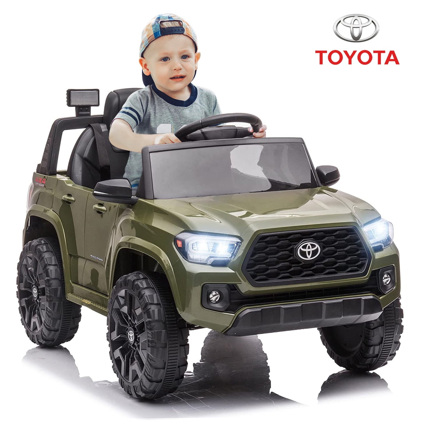 Track 7 Ride on Car with Remote Control, 12V Toyota Tacoma Electric Car for Boys Girls Age 3+, AUX/FM/USB, Storage Truck, Grey