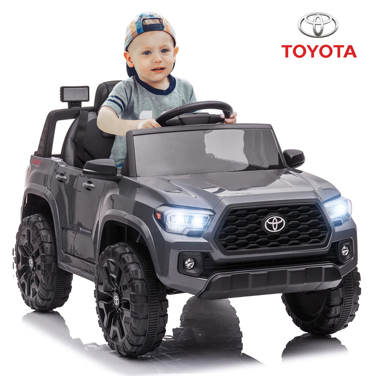 Track 7 Ride on Car with Remote Control, 12V Toyota Tacoma Electric Car for Boys Girls Age 3+, AUX/FM/USB, Storage Truck, Grey