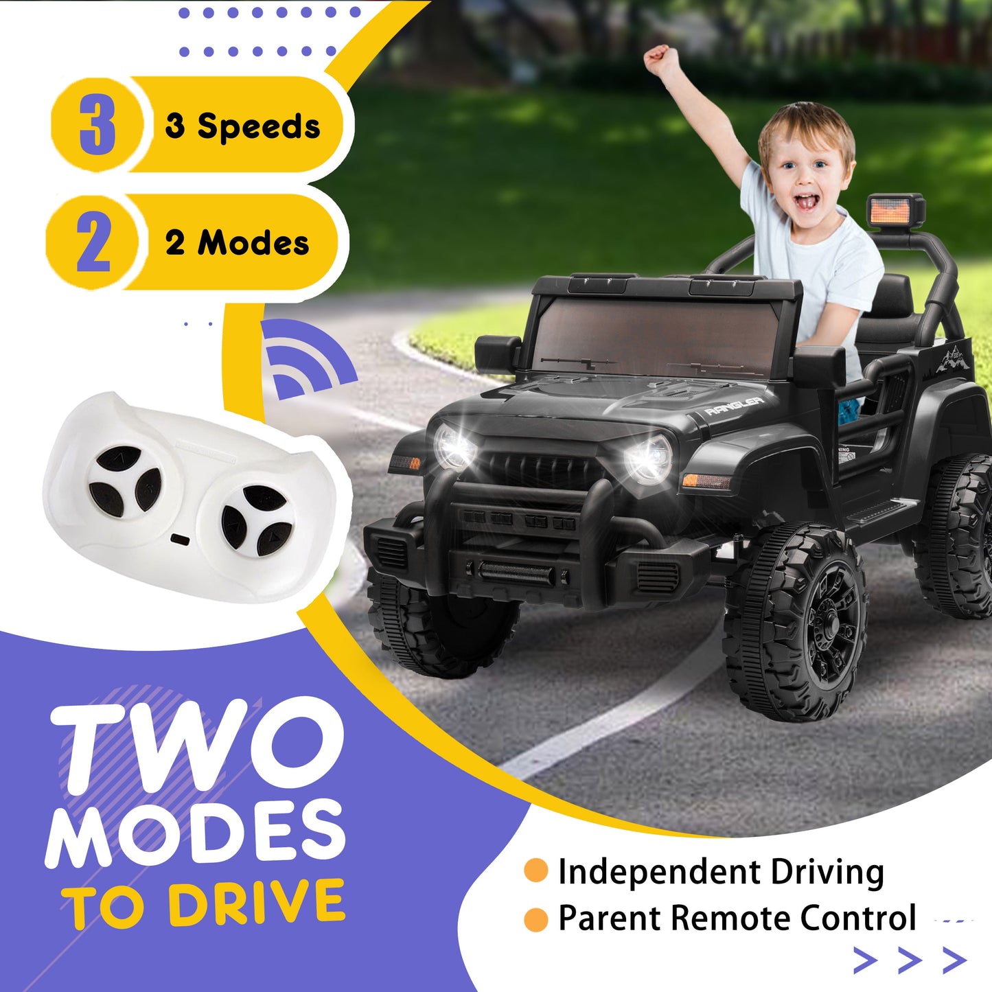 Track 7 Kids Ride on Truck, 12V Ride on Car with Remote Control, Kids Electric Car, Bluetooth, LED Lights, MP3, White