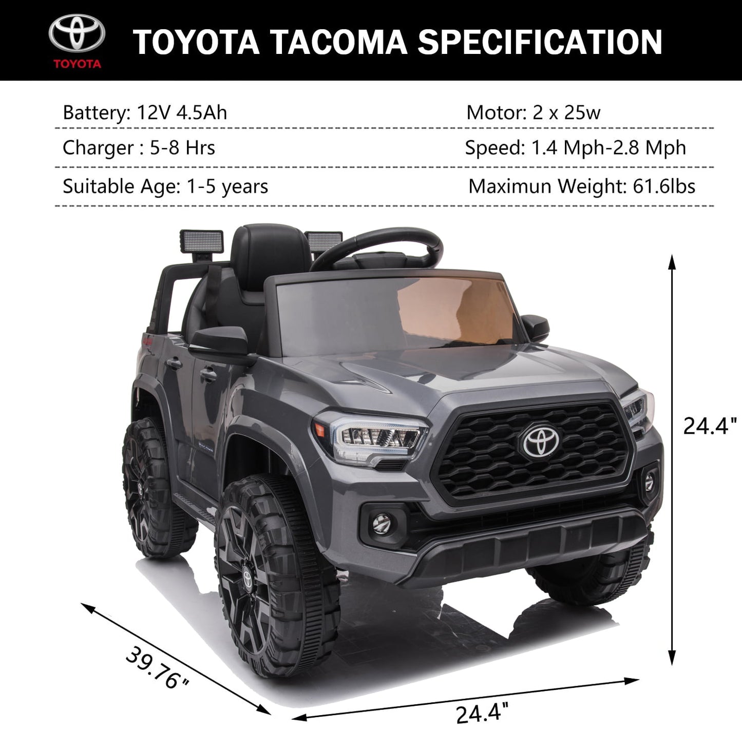 Track 7 Ride on Car with Remote Control, 12V Toyota Tacoma Electric Car for Boys Girls Age 3+, AUX/FM/USB, Storage Truck, Grey