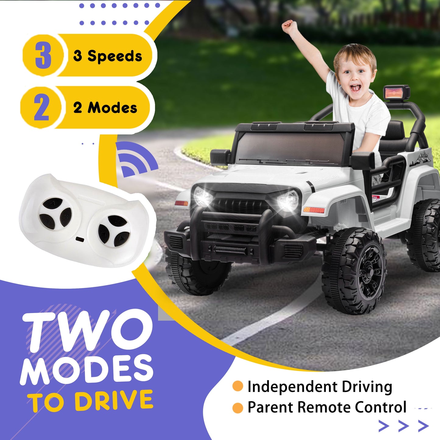 Track 7 Kids Ride on Truck, 12V Ride on Car with Remote Control, Kids Electric Car, Bluetooth, LED Lights, MP3, White