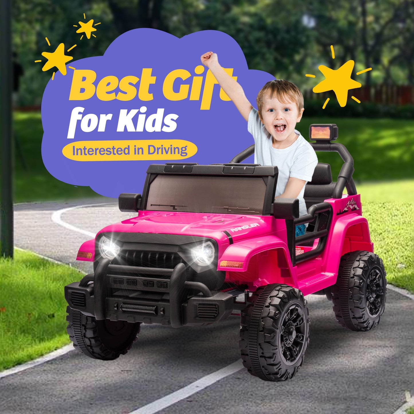 Track 7 Kids Ride on Truck, 12V Ride on Car with Remote Control, Kids Electric Car, Bluetooth, LED Lights, MP3, White