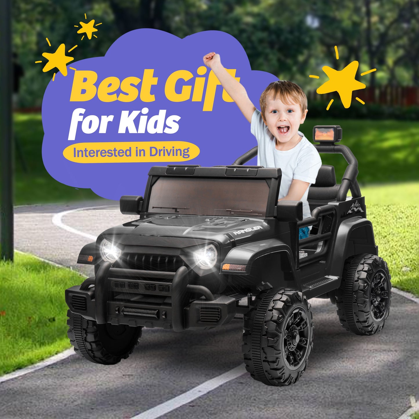 Track 7 Kids Ride on Truck, 12V Ride on Car with Remote Control, Kids Electric Car, Bluetooth, LED Lights, MP3, White