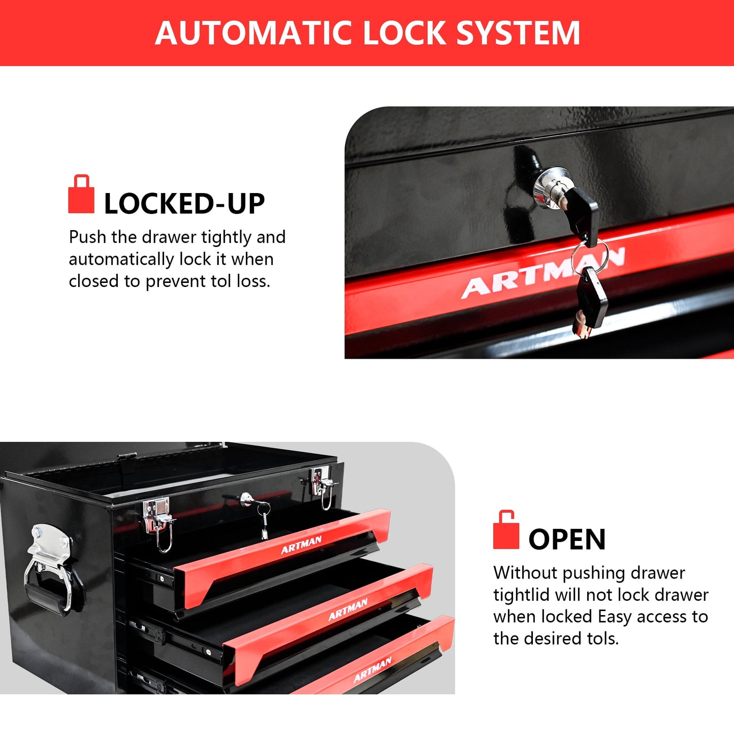 COOKCOK 3 Drawers Multifunctional Tool Box, with key locking, 19.69"L x 10.63"W x 13.86"H, Black & Red