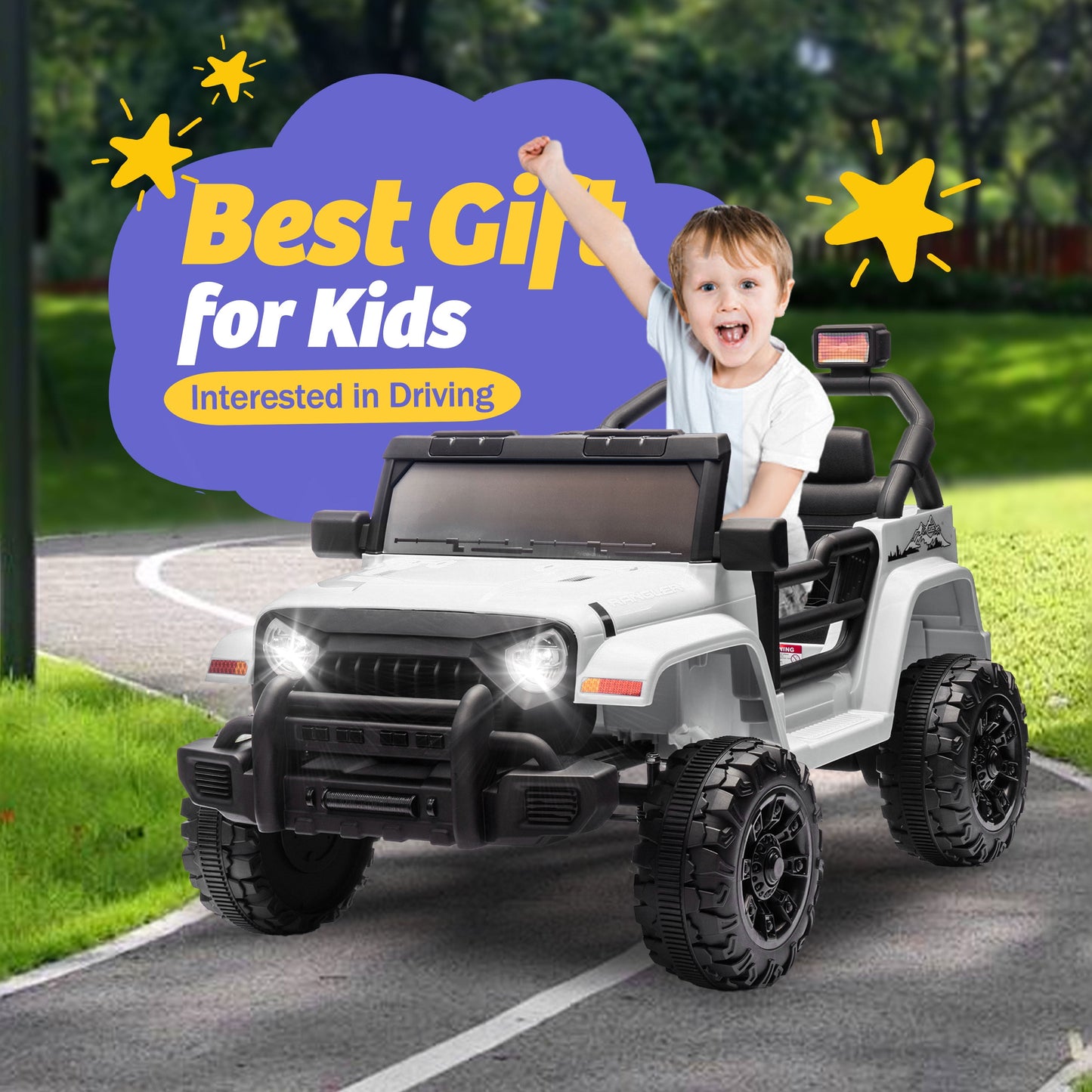 Track 7 Kids Ride on Truck, 12V Ride on Car with Remote Control, Kids Electric Car, Bluetooth, LED Lights, MP3, White